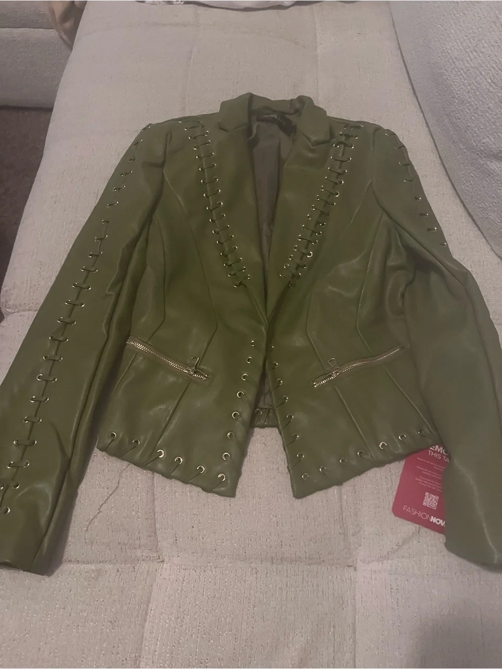 Fashion Nova Downtown vibe lace up Faux Leather jacket-Olive green